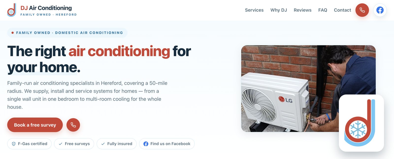 Screenshot of the DJ Air Conditioning website homepage